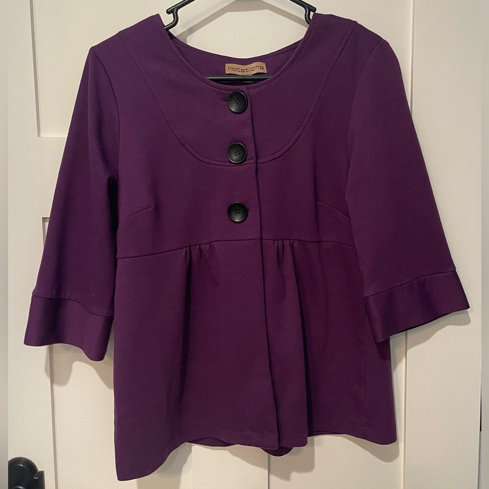 Notations Purple 60’s style peplum jacket with 3/4 sleeves.
